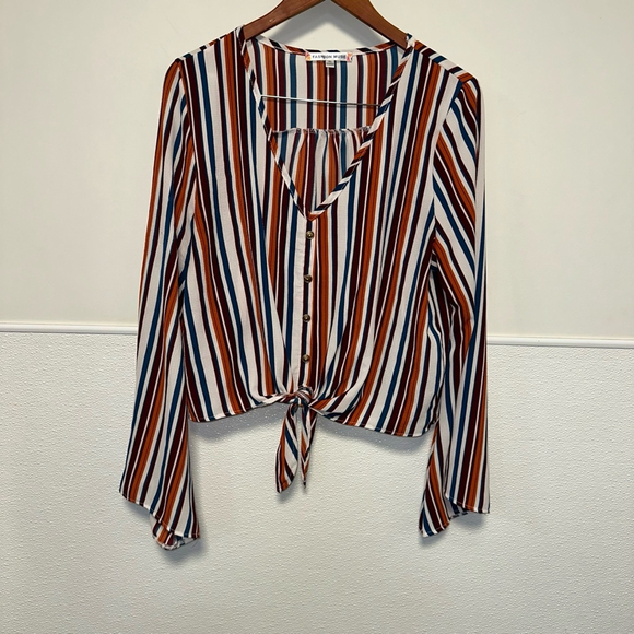 Women's Fashion Muse Blouse, XL, Multicolor Stripes Long Sleeve Tie Bottim - Picture 8 of 9
